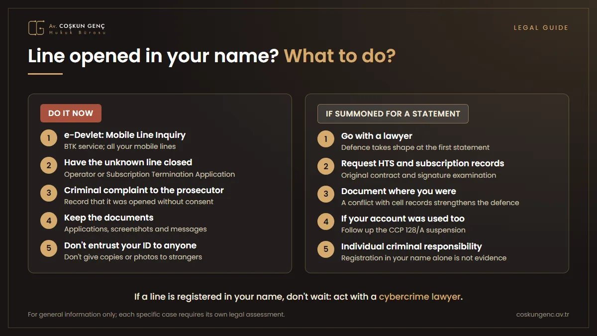 What should you do if you discover a line opened in your name? What to do when you discover a line opened in your name: e-Devlet Mobile Line Inquiry, application to the operator and termination of the subscription, complaint petition, keeping the documents, attending with a lawyer if summoned to give a statement