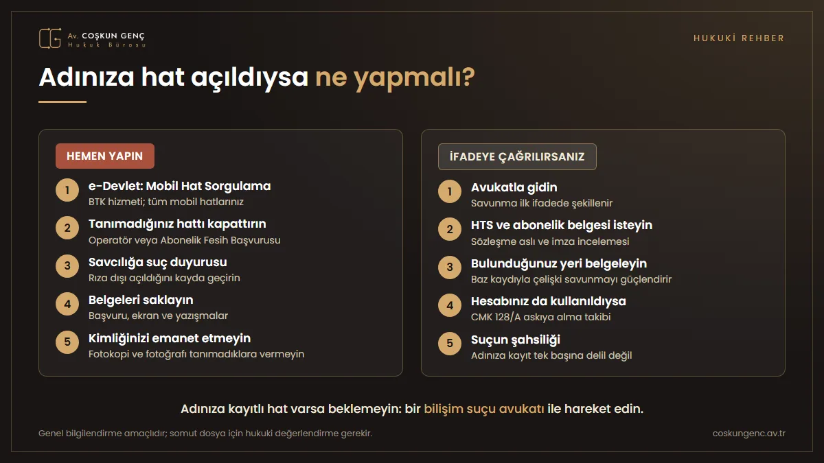Adınıza açılmış hat tespit ederseniz ne yapmalısınız? Adınıza açılmış hat tespit ettiğinizde yapılacaklar: e-Devlet Mobil Hat Sorgulama, operatöre başvuru ve abonelik feshi, şikâyet dilekçesi, belgeleri saklama, ifadeye çağrılırsanız avukatla gitme