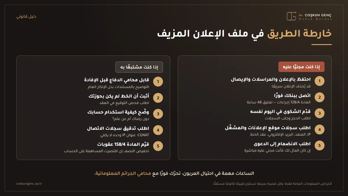 خارطة طريق للمجني عليه والمشتبه به في قضية الإعلان الوهمي: حفظ الأدلة، وإبلاغ المصرف، والشكوى، والتدخل في الدعوى؛ وبالنسبة للمشتبه به: محامي الدفاع قبل الإفادة، وفحص سجلات الحساب والخط، وطلب فحص التوقيع