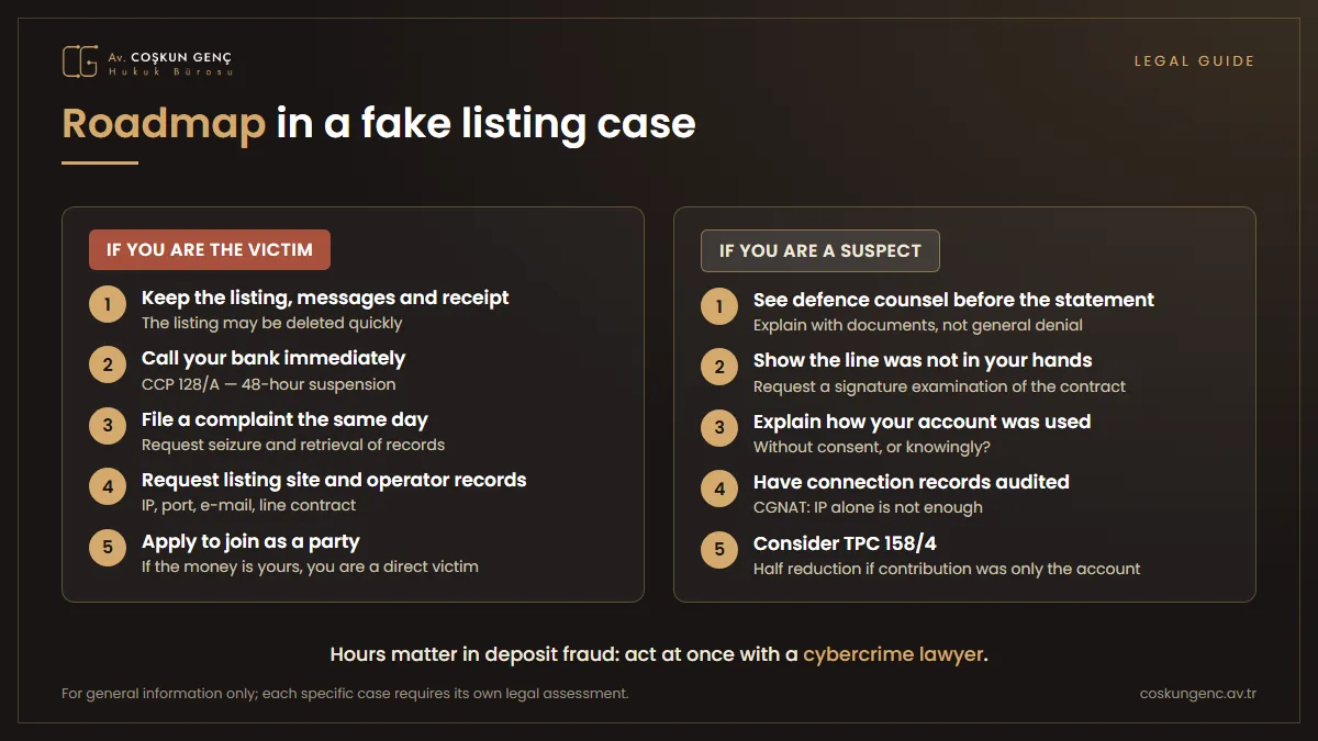 First steps for the victim and the suspect Roadmap for the victim and the suspect in a fake listing case: preserving evidence, notifying the bank, complaint, intervention; for the suspect, defence counsel before the statement, examination of account and line records, request for signature examination