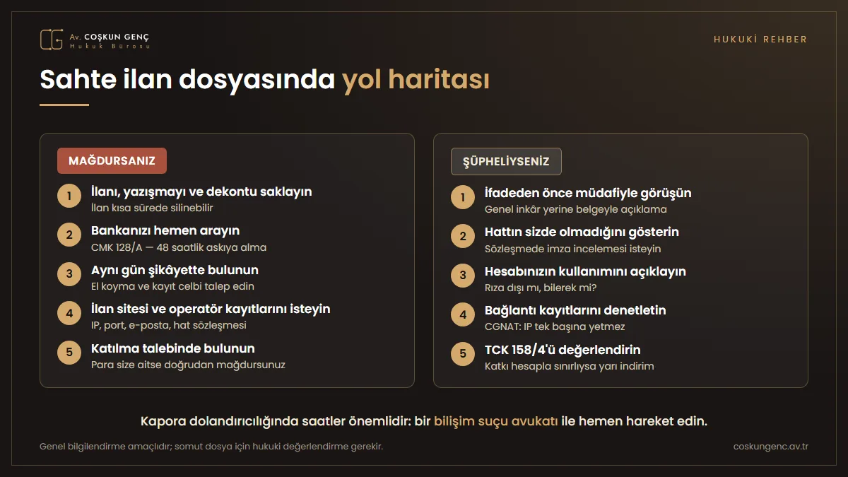 Mağdur ve şüpheli için ilk adımlar Sahte ilan dosyasında mağdur ve şüpheli için yol haritası: delil saklama, banka bildirimi, şikâyet, katılma; şüpheli için ifade öncesi müdafi, hesap ve hat kayıtlarının incelenmesi, imza incelemesi talebi