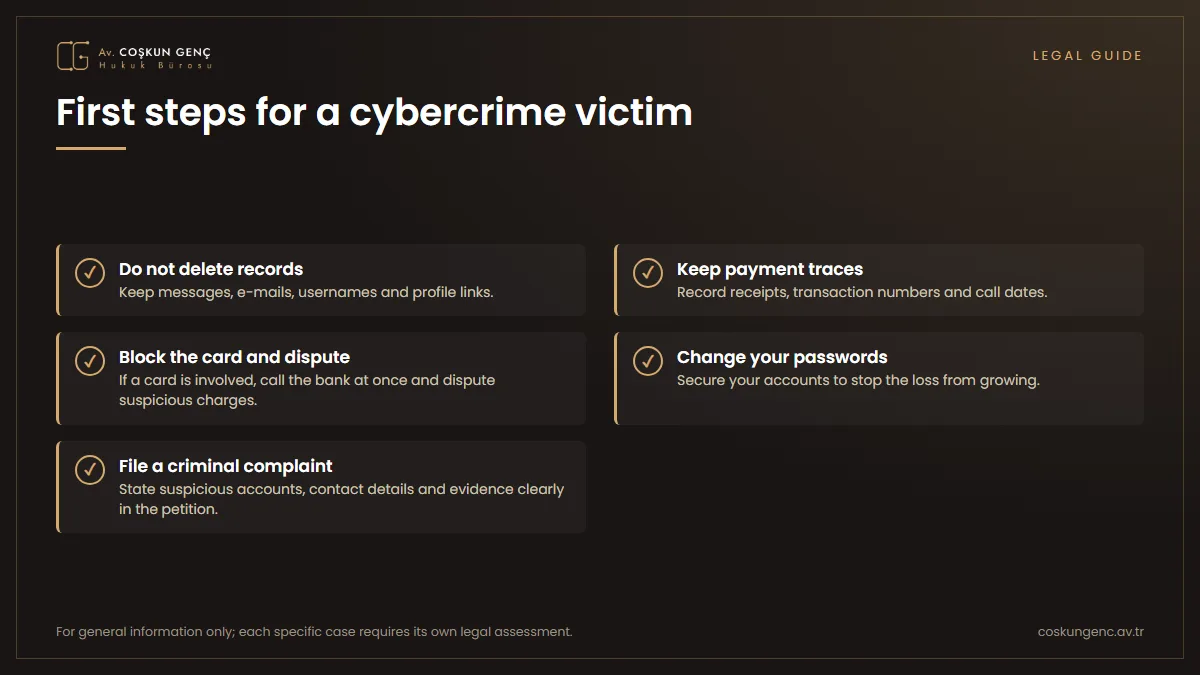 What a cybercrime victim should do: preserve the records, keep the receipts, block the card and dispute the transactions, change passwords, file a criminal complaint
