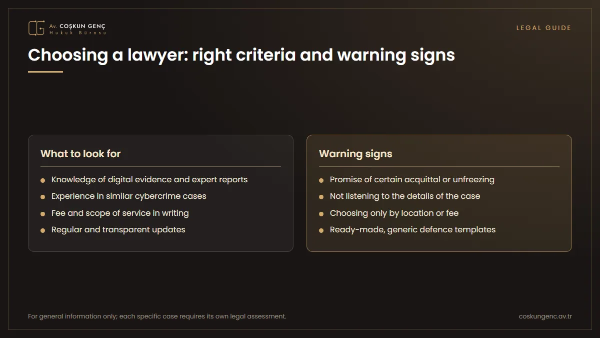 Comparison of what to look for when choosing a cybercrime lawyer and the warning signs to avoid