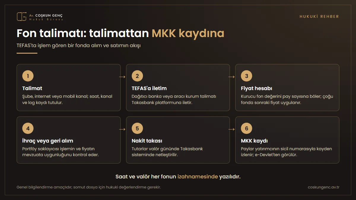 Fon alım talimatının banka, TEFAS, kurucu, saklayıcı, Takasbank ve MKK arasındaki altı adımlık akışı
