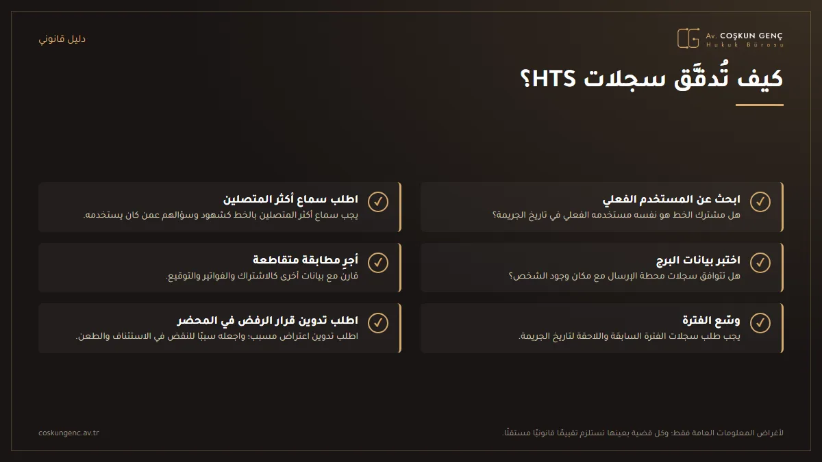 قائمة مراجعة لمراقبة سجلات HTS في المحاكمة الجزائية: المستخدم الفعلي، الاستماع إلى الشهود، اتساق محطات الإرسال، التدقيق المتقاطع، اتساع الفترة، وإثبات الاعتراض في محضر الجلسة