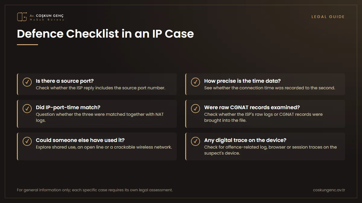 Technical points the defence must check in a criminal case based on an IP address: port, timestamp, matching, CGNAT logs, use by third parties and digital traces on the device