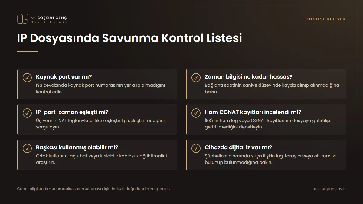 IP adresine dayalı ceza dosyasında savunmanın kontrol etmesi gereken teknik hususlar: port, zaman damgası, eşleştirme, CGNAT logları, üçüncü kişi kullanımı ve cihazdaki dijital iz