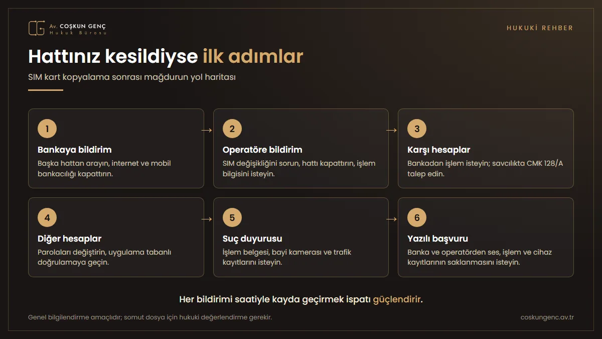 SIM kart kopyalama sonrası mağdurun bankaya bildirimden yazılı başvuruya kadar izlemesi gereken altı adımı gösteren bilgi grafiği