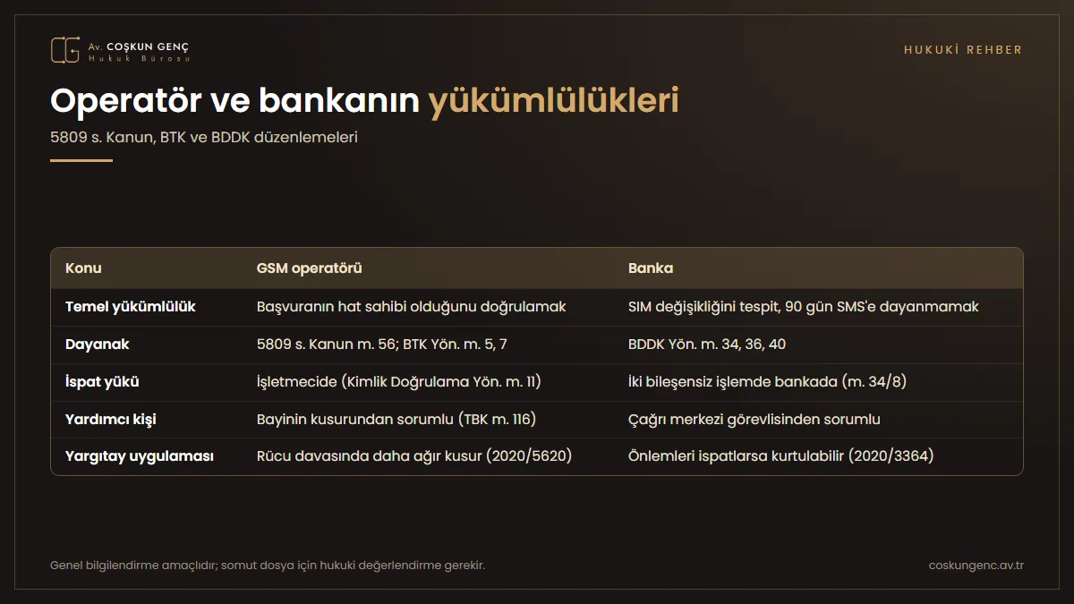 GSM operatörü ile bankanın SIM kart kopyalama vakalarındaki yükümlülüklerini, dayanaklarını ve ispat yükünü karşılaştıran tablo