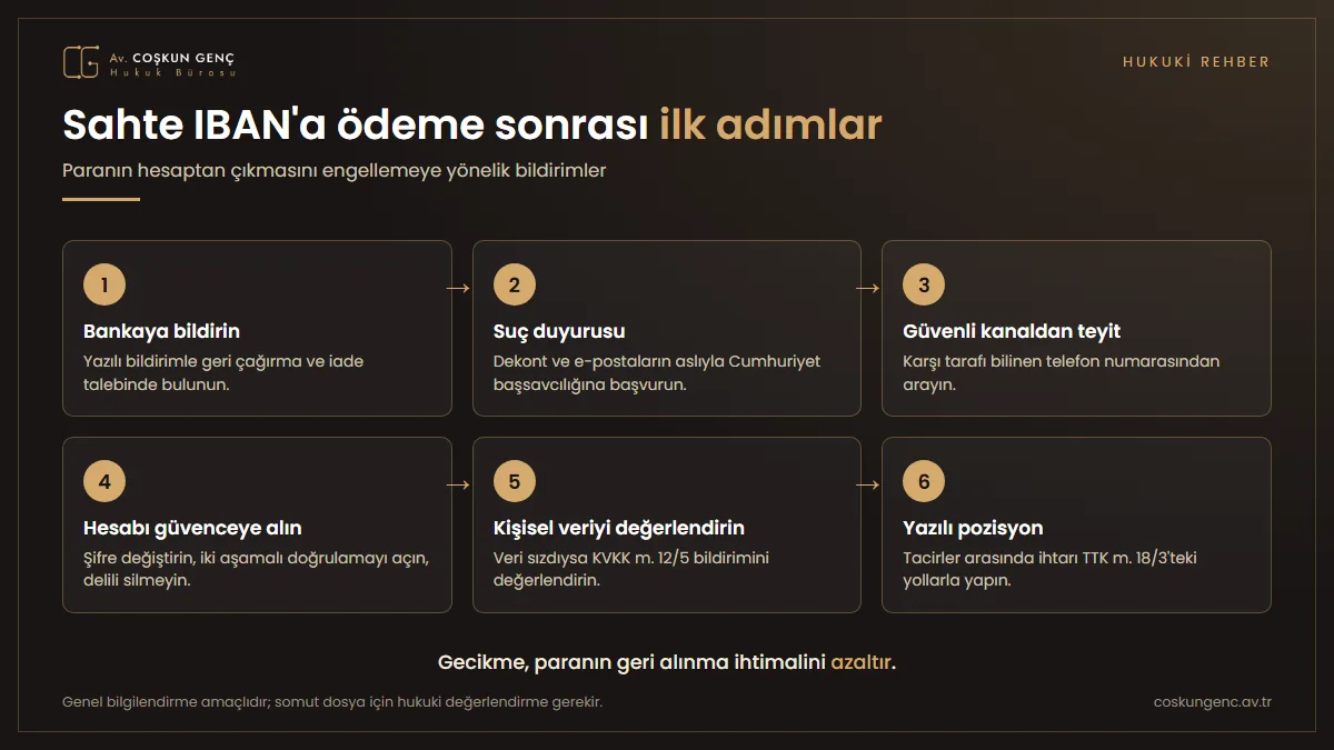 Sahte IBAN'a ödeme yapıldığı anlaşıldığında banka bildirimi, suç duyurusu, güvenli kanaldan teyit, hesap güvenliği ve yazılı bildirim adımlarını gösteren bilgi grafiği