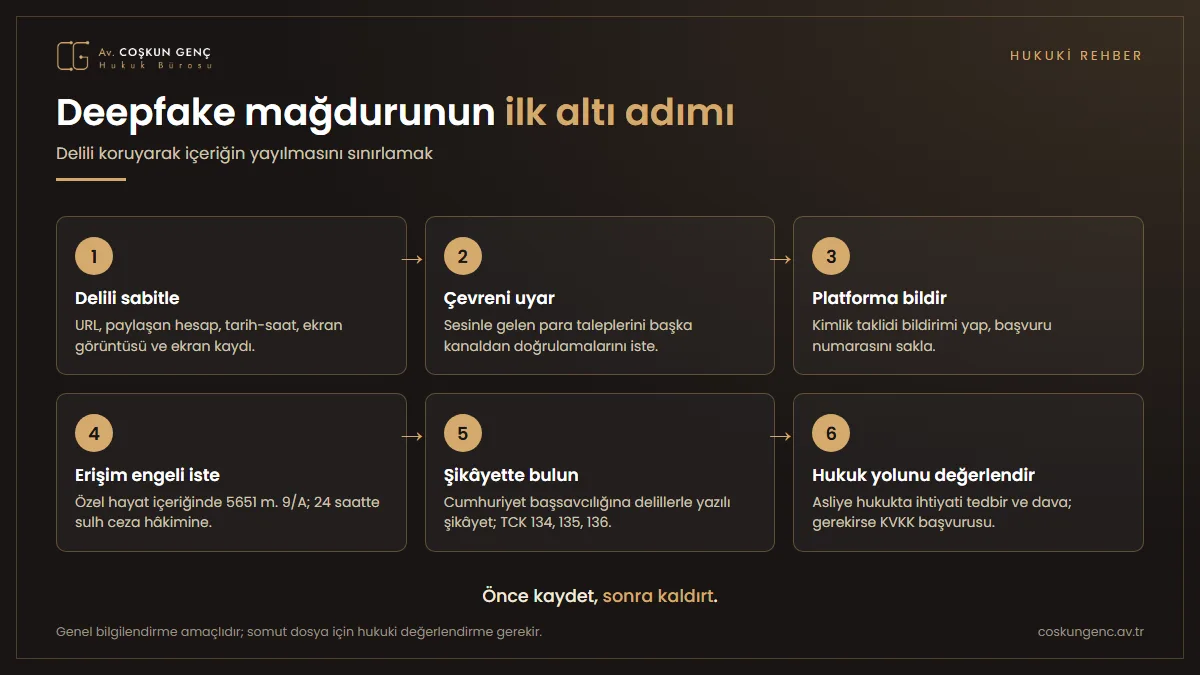 Deepfake mağdurunun delil sabitleme, çevreyi uyarma, platform bildirimi, erişim engeli, şikâyet ve hukuk yolu adımlarını sırayla gösteren bilgi grafiği
