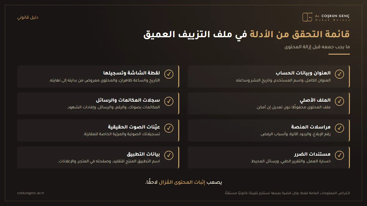 قائمة تحقق تبيّن العنوان وتسجيل الشاشة والملف الأصلي وسجلات المكالمات ومراسلات المنصة وعيّنات الصوت الحقيقية الواجب جمعها في ملف التزييف العميق