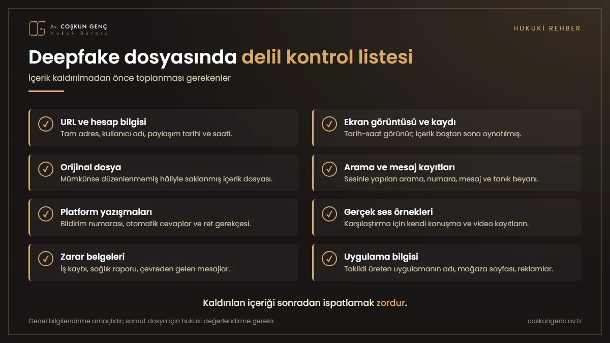 Deepfake dosyasında toplanması gereken URL, ekran kaydı, orijinal dosya, arama kayıtları, platform yazışmaları ve gerçek ses örneklerini gösteren kontrol listesi